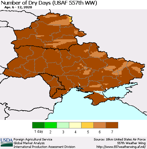 Ukraine, Moldova and Belarus Number of Dry Days (USAF 557th WW) Thematic Map For 4/6/2020 - 4/12/2020