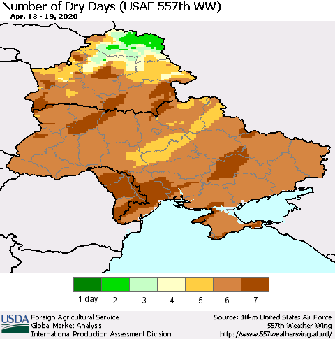 Ukraine, Moldova and Belarus Number of Dry Days (USAF 557th WW) Thematic Map For 4/13/2020 - 4/19/2020