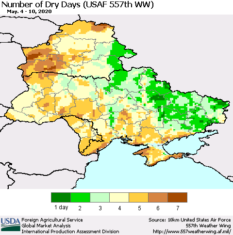 Ukraine, Moldova and Belarus Number of Dry Days (USAF 557th WW) Thematic Map For 5/4/2020 - 5/10/2020