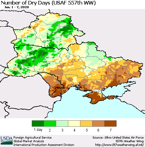 Ukraine, Moldova and Belarus Number of Dry Days (USAF 557th WW) Thematic Map For 6/1/2020 - 6/7/2020