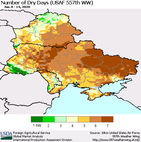 Ukraine, Moldova and Belarus Number of Dry Days (USAF 557th WW) Thematic Map For 6/8/2020 - 6/14/2020