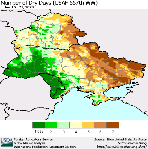 Ukraine, Moldova and Belarus Number of Dry Days (USAF 557th WW) Thematic Map For 6/15/2020 - 6/21/2020