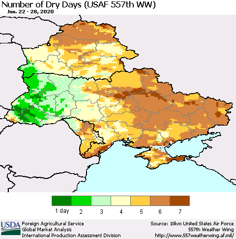 Ukraine, Moldova and Belarus Number of Dry Days (USAF 557th WW) Thematic Map For 6/22/2020 - 6/28/2020