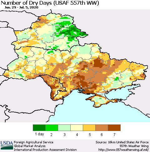 Ukraine, Moldova and Belarus Number of Dry Days (USAF 557th WW) Thematic Map For 6/29/2020 - 7/5/2020