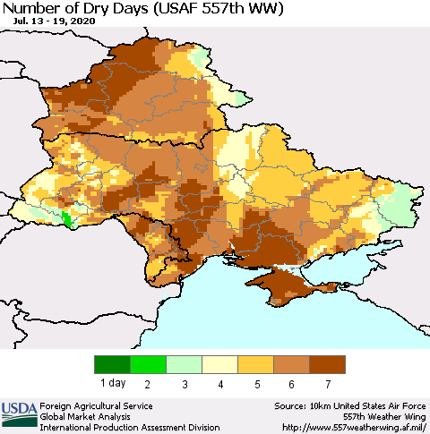 Ukraine, Moldova and Belarus Number of Dry Days (USAF 557th WW) Thematic Map For 7/13/2020 - 7/19/2020