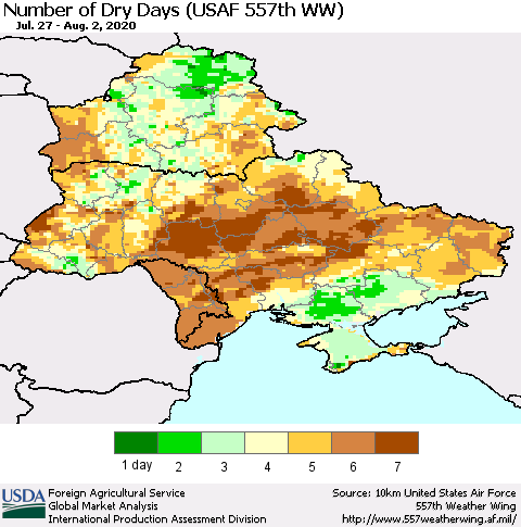 Ukraine, Moldova and Belarus Number of Dry Days (USAF 557th WW) Thematic Map For 7/27/2020 - 8/2/2020