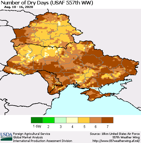 Ukraine, Moldova and Belarus Number of Dry Days (USAF 557th WW) Thematic Map For 8/10/2020 - 8/16/2020