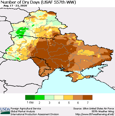 Ukraine, Moldova and Belarus Number of Dry Days (USAF 557th WW) Thematic Map For 8/17/2020 - 8/23/2020