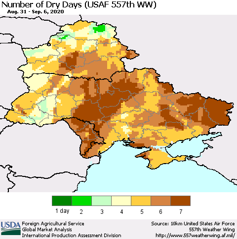 Ukraine, Moldova and Belarus Number of Dry Days (USAF 557th WW) Thematic Map For 8/31/2020 - 9/6/2020