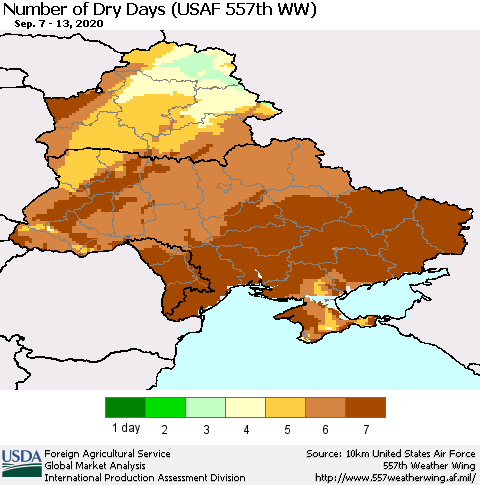 Ukraine, Moldova and Belarus Number of Dry Days (USAF 557th WW) Thematic Map For 9/7/2020 - 9/13/2020