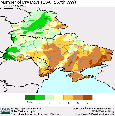 Ukraine, Moldova and Belarus Number of Dry Days (USAF 557th WW) Thematic Map For 10/12/2020 - 10/18/2020