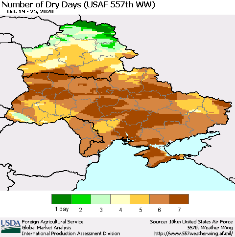 Ukraine, Moldova and Belarus Number of Dry Days (USAF 557th WW) Thematic Map For 10/19/2020 - 10/25/2020