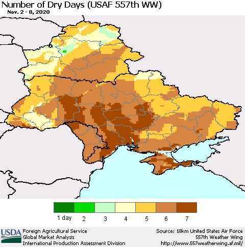 Ukraine, Moldova and Belarus Number of Dry Days (USAF 557th WW) Thematic Map For 11/2/2020 - 11/8/2020