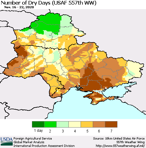 Ukraine, Moldova and Belarus Number of Dry Days (USAF 557th WW) Thematic Map For 11/16/2020 - 11/22/2020