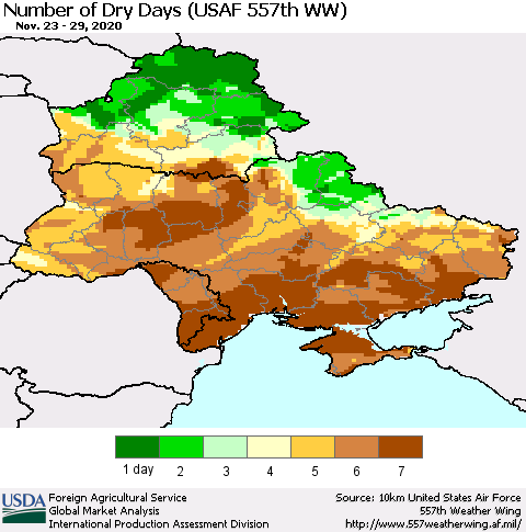 Ukraine, Moldova and Belarus Number of Dry Days (USAF 557th WW) Thematic Map For 11/23/2020 - 11/29/2020