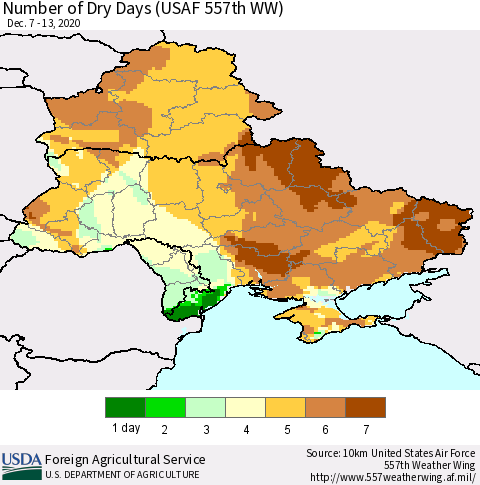 Ukraine, Moldova and Belarus Number of Dry Days (USAF 557th WW) Thematic Map For 12/7/2020 - 12/13/2020