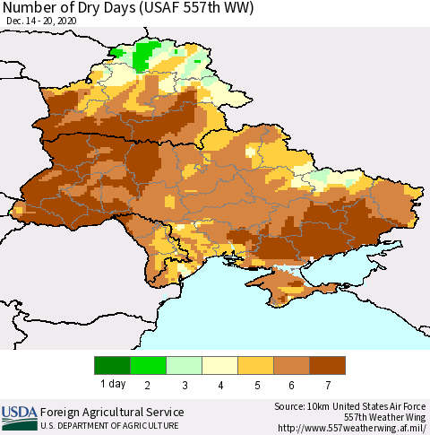 Ukraine, Moldova and Belarus Number of Dry Days (USAF 557th WW) Thematic Map For 12/14/2020 - 12/20/2020