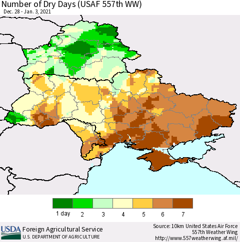 Ukraine, Moldova and Belarus Number of Dry Days (USAF 557th WW) Thematic Map For 12/28/2020 - 1/3/2021