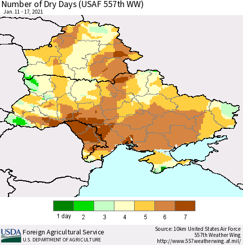 Ukraine, Moldova and Belarus Number of Dry Days (USAF 557th WW) Thematic Map For 1/11/2021 - 1/17/2021