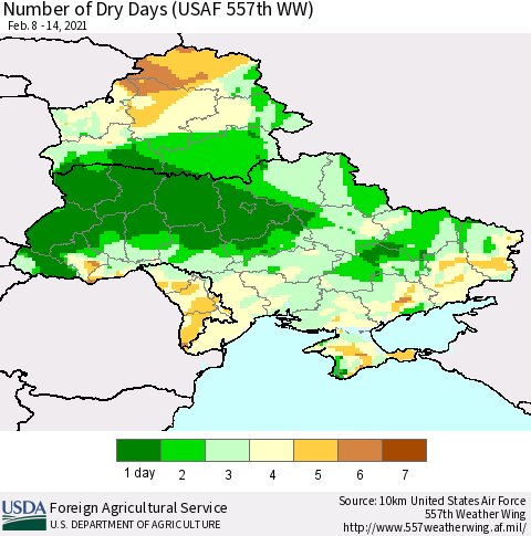 Ukraine, Moldova and Belarus Number of Dry Days (USAF 557th WW) Thematic Map For 2/8/2021 - 2/14/2021