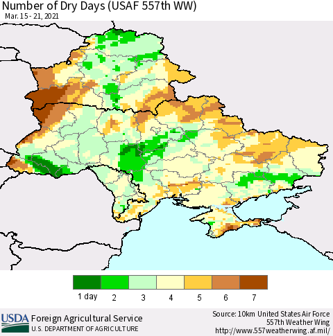 Ukraine, Moldova and Belarus Number of Dry Days (USAF 557th WW) Thematic Map For 3/15/2021 - 3/21/2021