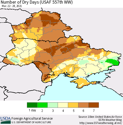 Ukraine, Moldova and Belarus Number of Dry Days (USAF 557th WW) Thematic Map For 3/22/2021 - 3/28/2021