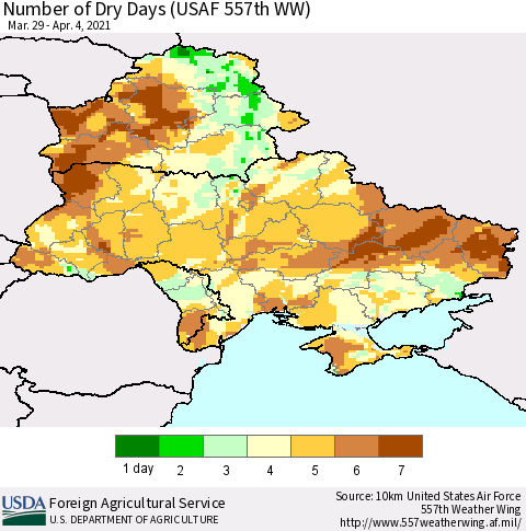 Ukraine, Moldova and Belarus Number of Dry Days (USAF 557th WW) Thematic Map For 3/29/2021 - 4/4/2021