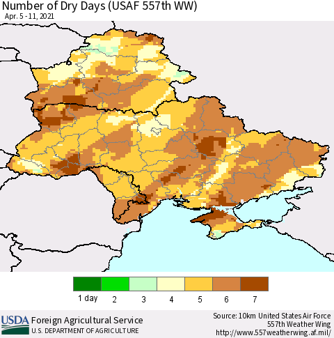 Ukraine, Moldova and Belarus Number of Dry Days (USAF 557th WW) Thematic Map For 4/5/2021 - 4/11/2021