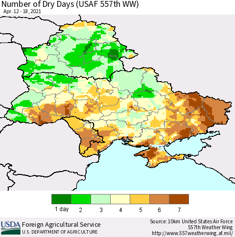 Ukraine, Moldova and Belarus Number of Dry Days (USAF 557th WW) Thematic Map For 4/12/2021 - 4/18/2021