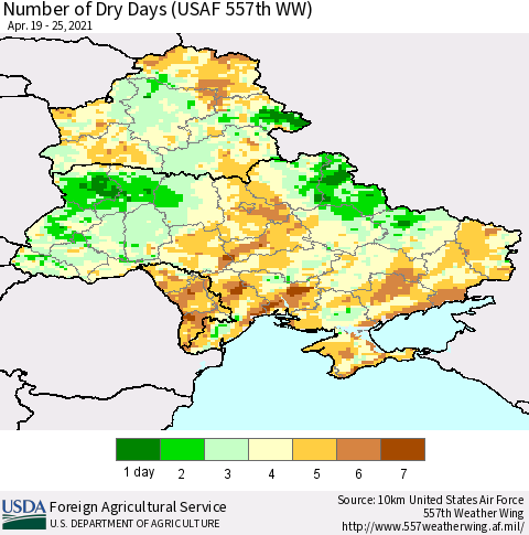 Ukraine, Moldova and Belarus Number of Dry Days (USAF 557th WW) Thematic Map For 4/19/2021 - 4/25/2021