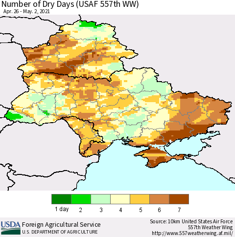 Ukraine, Moldova and Belarus Number of Dry Days (USAF 557th WW) Thematic Map For 4/26/2021 - 5/2/2021