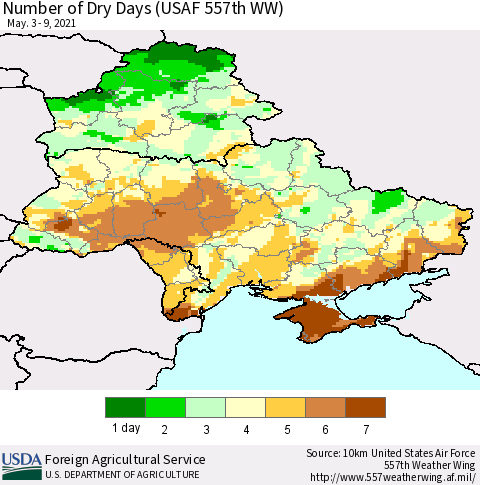 Ukraine, Moldova and Belarus Number of Dry Days (USAF 557th WW) Thematic Map For 5/3/2021 - 5/9/2021
