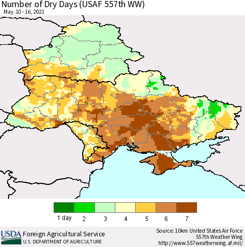 Ukraine, Moldova and Belarus Number of Dry Days (USAF 557th WW) Thematic Map For 5/10/2021 - 5/16/2021