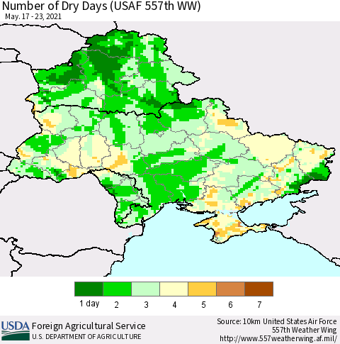 Ukraine, Moldova and Belarus Number of Dry Days (USAF 557th WW) Thematic Map For 5/17/2021 - 5/23/2021
