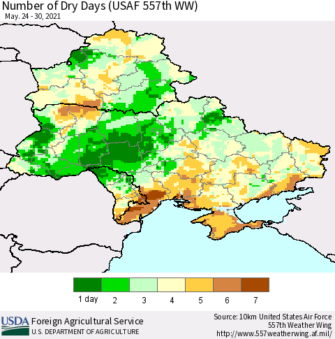 Ukraine, Moldova and Belarus Number of Dry Days (USAF 557th WW) Thematic Map For 5/24/2021 - 5/30/2021
