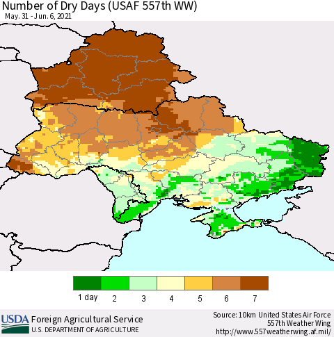 Ukraine, Moldova and Belarus Number of Dry Days (USAF 557th WW) Thematic Map For 5/31/2021 - 6/6/2021