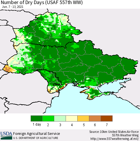 Ukraine, Moldova and Belarus Number of Dry Days (USAF 557th WW) Thematic Map For 6/7/2021 - 6/13/2021
