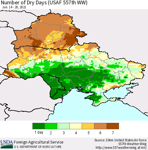 Ukraine, Moldova and Belarus Number of Dry Days (USAF 557th WW) Thematic Map For 6/14/2021 - 6/20/2021