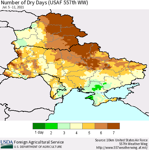 Ukraine, Moldova and Belarus Number of Dry Days (USAF 557th WW) Thematic Map For 7/5/2021 - 7/11/2021