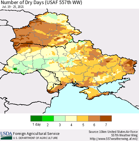 Ukraine, Moldova and Belarus Number of Dry Days (USAF 557th WW) Thematic Map For 7/19/2021 - 7/25/2021