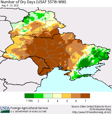 Ukraine, Moldova and Belarus Number of Dry Days (USAF 557th WW) Thematic Map For 8/9/2021 - 8/15/2021