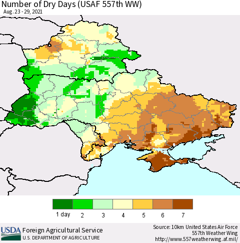 Ukraine, Moldova and Belarus Number of Dry Days (USAF 557th WW) Thematic Map For 8/23/2021 - 8/29/2021