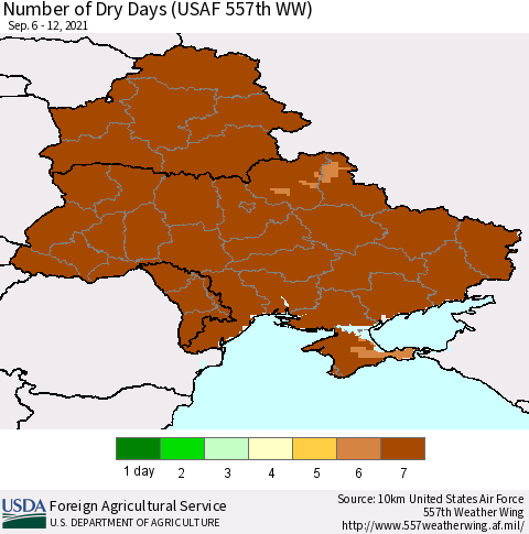Ukraine, Moldova and Belarus Number of Dry Days (USAF 557th WW) Thematic Map For 9/6/2021 - 9/12/2021