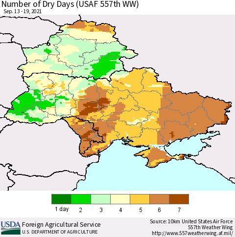 Ukraine, Moldova and Belarus Number of Dry Days (USAF 557th WW) Thematic Map For 9/13/2021 - 9/19/2021