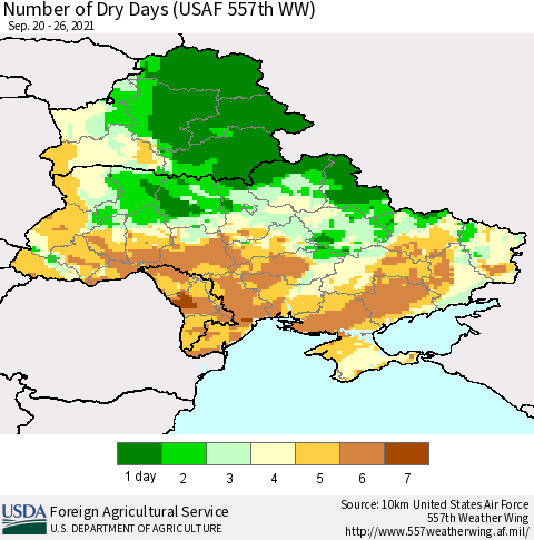Ukraine, Moldova and Belarus Number of Dry Days (USAF 557th WW) Thematic Map For 9/20/2021 - 9/26/2021