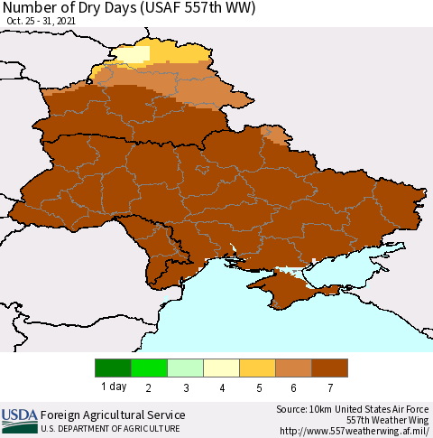 Ukraine, Moldova and Belarus Number of Dry Days (USAF 557th WW) Thematic Map For 10/25/2021 - 10/31/2021