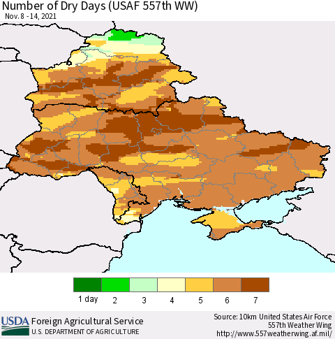 Ukraine, Moldova and Belarus Number of Dry Days (USAF 557th WW) Thematic Map For 11/8/2021 - 11/14/2021