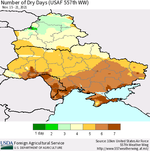 Ukraine, Moldova and Belarus Number of Dry Days (USAF 557th WW) Thematic Map For 11/15/2021 - 11/21/2021