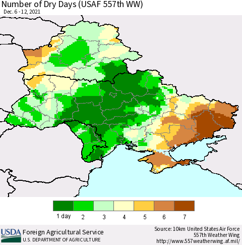 Ukraine, Moldova and Belarus Number of Dry Days (USAF 557th WW) Thematic Map For 12/6/2021 - 12/12/2021