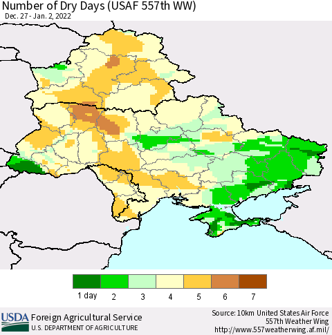 Ukraine, Moldova and Belarus Number of Dry Days (USAF 557th WW) Thematic Map For 12/27/2021 - 1/2/2022